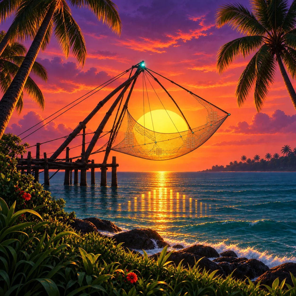 A Chinese fishing net on the Kochi shore at sunset. Its mesh is drawn as circuit traces, and the sun's reflection on the sea breaks into bars of light.